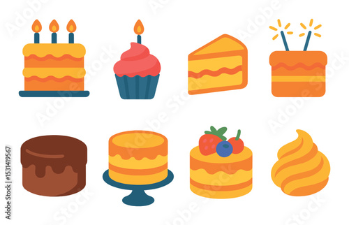 Cake and dessert set. flat style. cupcake, pie, tart, pastry, slice, muffin, sweet vector icons.