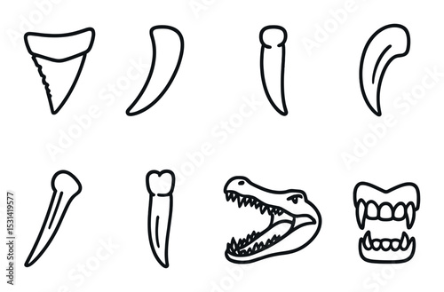Dinosaur tooth set. prehistoric silhouette teeth. fang, jaw, claw, fossil vector icons.
