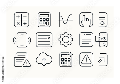 Mathematical calculator set. linear equations, graph, calculator, alert vector icons.