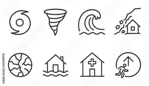 Natural disaster set. linear natural hazards tornado, tsunami, earthquake, flood vector icons.