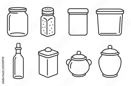 Kitchen container set. storage, jar, bottle, salt shaker, silhouette vector icons.