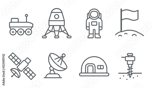Space exploration set. astronomy and cosmonautics linear icons: rover, rocket, astronaut, flag, satellite, antenna, habitat, drill vector icons.