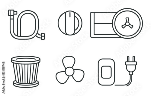 Household appliance set. home device silhouette hose, mouse, fan, plug vector icons.