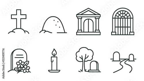 Cemetery icon set. graveyard, headstone, candle, tree, mausoleum linear vector icons.