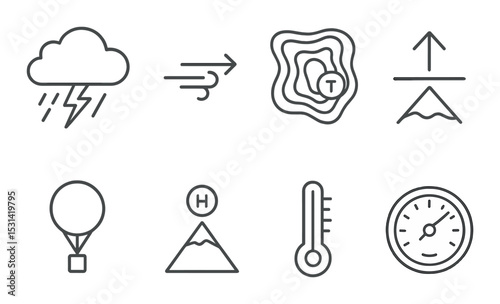 Weather icon set: flat atmospheric symbols. cloud, wind, temperature, pressure vector icons.