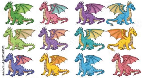 Variety of Fantasy Dragons in Colorful Illustrations Dragons of Different Sizes With Wings