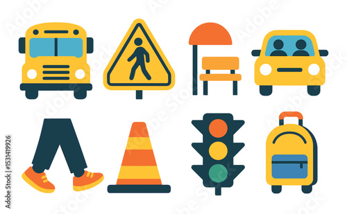 School commute set. traffic and transportation flat bus, cone, sign, backpack, car vector icons.