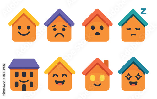 House emotion set. home expressions flat style. happy, sad, angry, love, surprised vector icons.