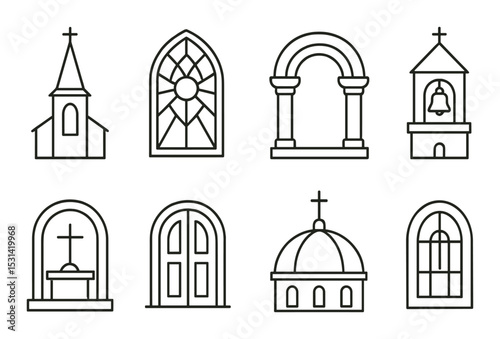 Church architecture set. religious building linear icons: steeple, window, dome, bell vector icons.