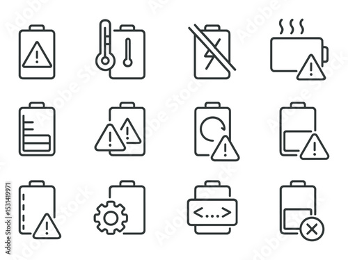 Battery alert set. power status silhouette icons. warning, low, overheat, charging vector icons.