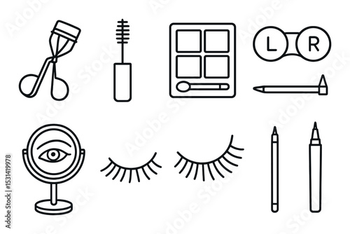 Makeup tools set. beauty essentials silhouette. eye curler, mascara, mirror, makeup vector icons.