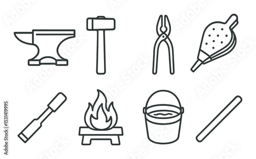 Blacksmith tools set. workshop equipment linear anvil, hammer, tongs, fire, bellows vector icons