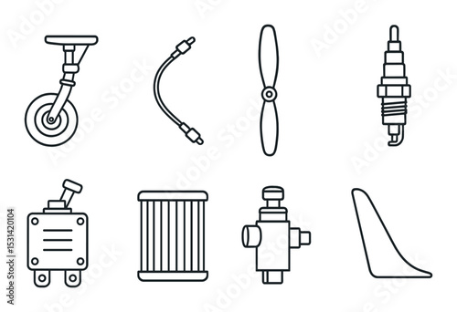 Aircraft parts set. aviation components silhouette gear, propeller, plug, filter vector icons.