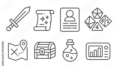 Rpg adventure set. fantasy gaming linear icons: sword, map, potion, dice, treasure vector icons