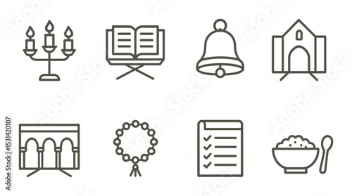 Religious ceremony set. worship linear icons. candle, bible, bell, church, wreath, checklist vector icons.