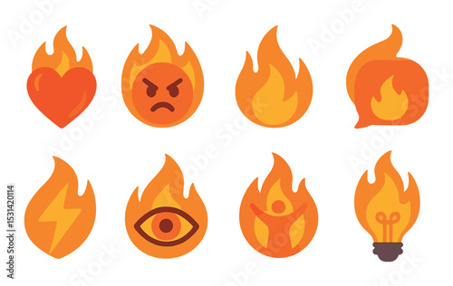 Fire emoticon set. burning emojis in flat style. heart, angry, flame, light, bulb vector icons.