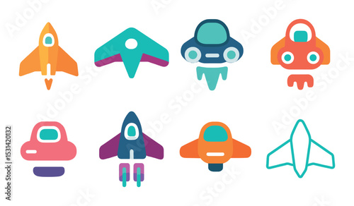 Spaceship set. futuristic transportation flat spacecraft, rocket, shuttle, ufo vector icons.