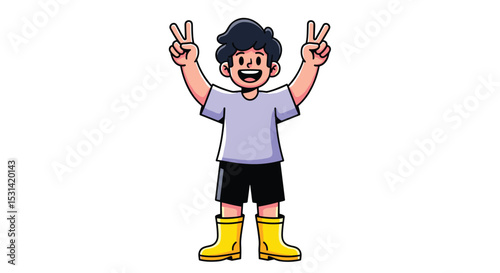 Animated Boy with Curly Hair Smiling and Making a Peace Sign While Wearing Boots