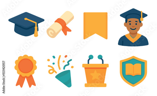 Graduation set. academic celebration flat icons. cap, diploma, badge, speaker, shield vector icons.