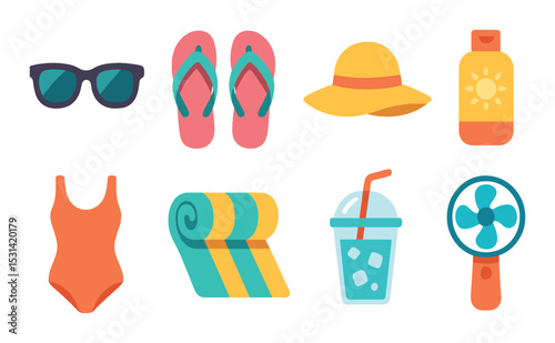 Beach essentials set: vacation flat icons. sunglasses, flip-flops, hat, sunscreen, swimwear vector icons.