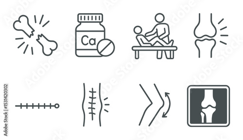 Bone health icon set. medical, calcium, therapy, fracture, joint, spine linear vector icons.