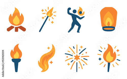Fire icon set. flame, torch, match, candle, dancing, fireworks silhouette vector icons.