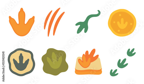 Dinosaur footprint set. prehistoric silhouette traces. claw, track, fossil, print vector icons.