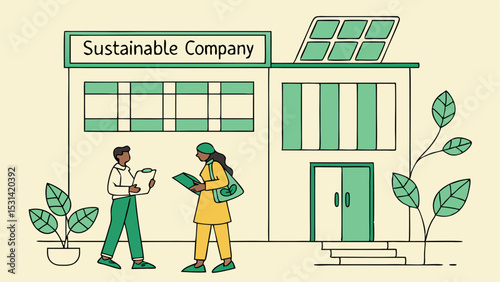 Two individuals engaging in discussion outside a sustainable company building featuring solar panels, greenery, and a bright sun, emphasizing eco-friendly practices and collaboration