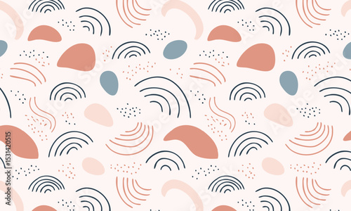 Bohemian abstract seamless vector pattern with rainbows and doodles