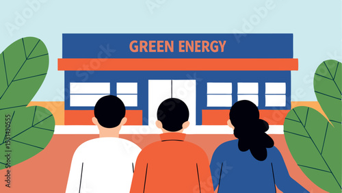 Group of diverse individuals standing together, facing a green energy store, showcasing commitment to sustainability and environmental awareness in a vibrant urban setting