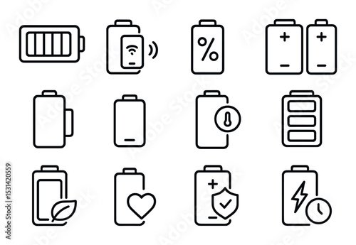 Battery icon set. energy charging linear icons. charge, wifi, percent, health, shield vector icons.