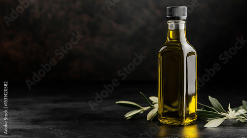 A glass bottle of olive oil stands elegantly against a black background, showcasing its rich golden-green hue