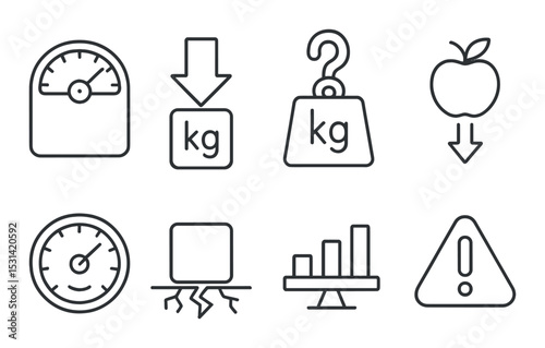 Weight measurement set. linear icons: scale, kilogram, apple, speedometer, warning vector icons.