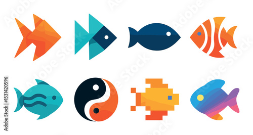 Fish icon set. aquatic life flat icons. goldfish, guppy, angelfish, koi, yin yang, puffer, vector icons.
