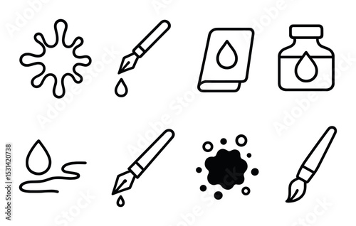 Ink splatter set. art supplies linear icons. ink, pen, brush, paint, drop vector icons.