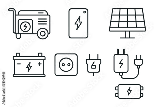 Energy source icon set. linear generator, battery, solar, plug, charger vector icons.