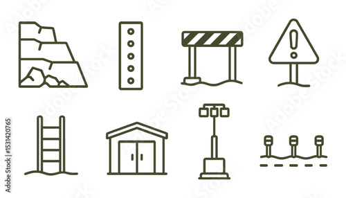 Construction sign set. caution, hazard, barrier, warning, ladder, linear vector icons.