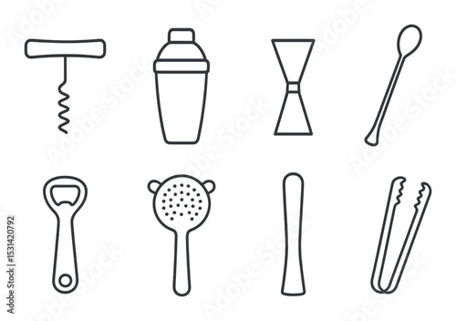 Bar tools set. mixology equipment silhouette icons. corkscrew, shaker, strainer vector icons.