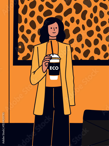 Illustration of a woman holding an eco-friendly drink, dressed in stylish orange attire, standing against a vibrant animal print background, showcasing modern sustainable lifestyle choices