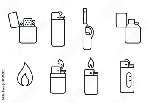 Lighter set. smoking accessories silhouette lighters. flame, gas, refill, match vector icons.
