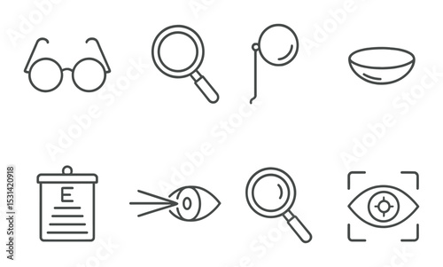 Eyewear and vision set. flat glasses, magnifier, lens, eye test, sight, bowl vector icons.