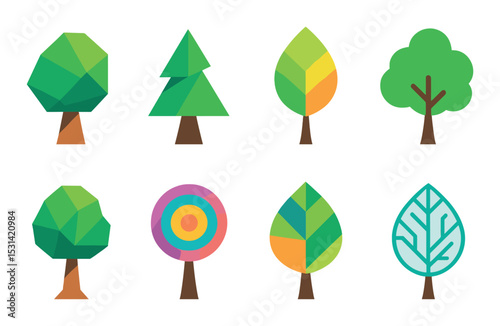 Tree icon set. geometric and abstract flat trees, forest, nature, woodland vector icons.