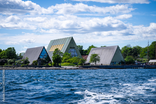 Fram Museum exterior viewed from Oslo harbor waterfront in Norway with modern architecture