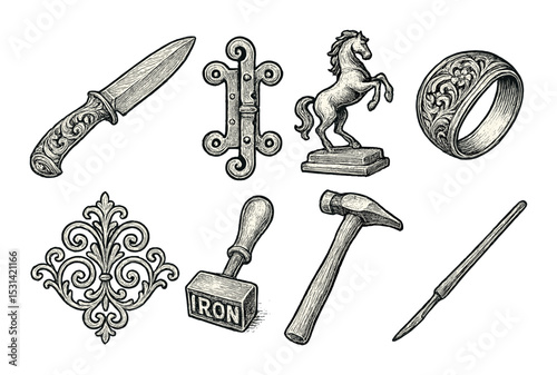 Antique tool and ornament set. vintage knife, hinge, ring, horse, vector icons.