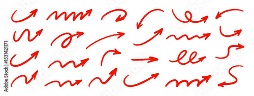 Arrow set. Crayon, charcoal, pastel, chalk hand drawn freehand red elements, doodle style stroke. Sketch pencil grunge textured wave arrows, direction pointers, and curved lines. Vector illustration