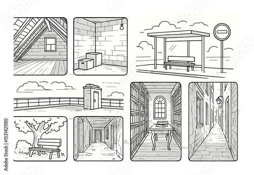 Interior and exterior set. architectural scenes linear style. room, bench, corridor, library vector icons.