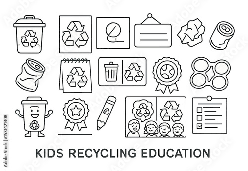 Recycling education icon set. waste management linear icons. bin, paper, can, award, pencil vector icons.