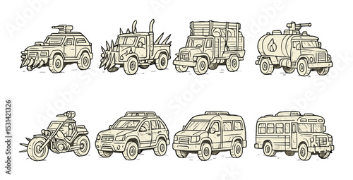 Post-apocalyptic vehicle set. dystopian cars and trucks silhouette vector icons.