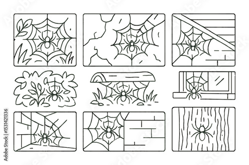 Spider web set. halloween linear spiders. cobweb, arachnid, corner, net, bug vector icons.