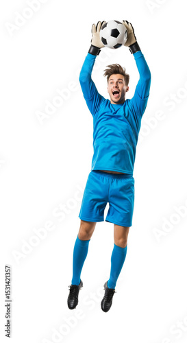 Exciting Young Goalkeeper in Dynamic Action Pose with Soccer Ball in Air